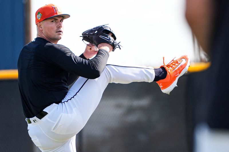 Detroit Tigers pitcher Tarik Skubal practices during spring training at TigerTown in Lakeland, Fla. on Thursday, Feb. 12, 2026.