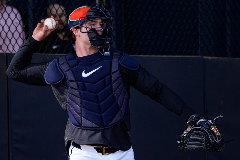 Detroit Tigers catcher Dillon Dingler practices during spring training at TigerTown in Lakeland, Fla. on Thursday, Feb. 12, 2026.