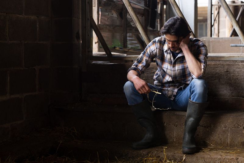 A worried farmer sitting with his head in his hands in a barn at the sustainable farm he works.
