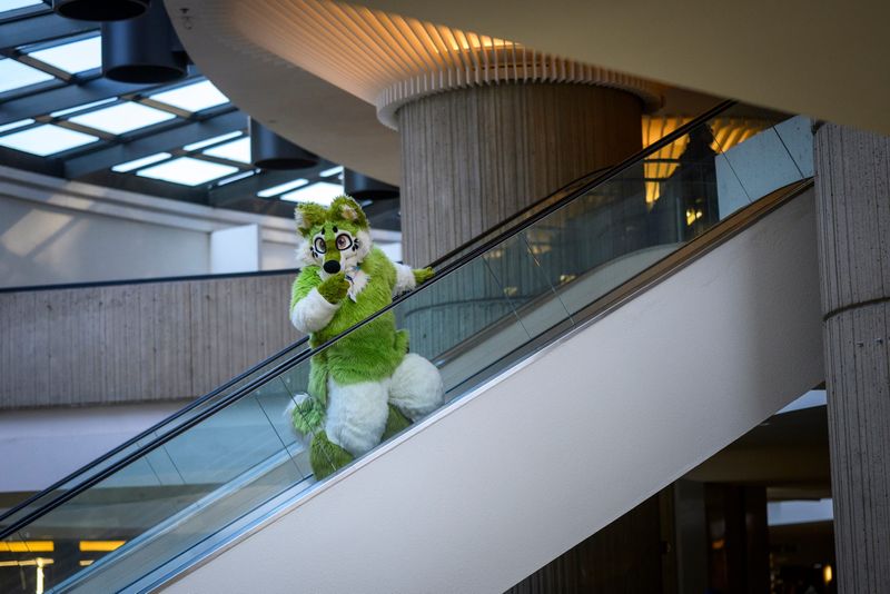 A fur suited heads up an escalator during the Motor City Furry Con at the General Motors Renaissance Center in Detroit, Friday, Feb. 13, 2026.