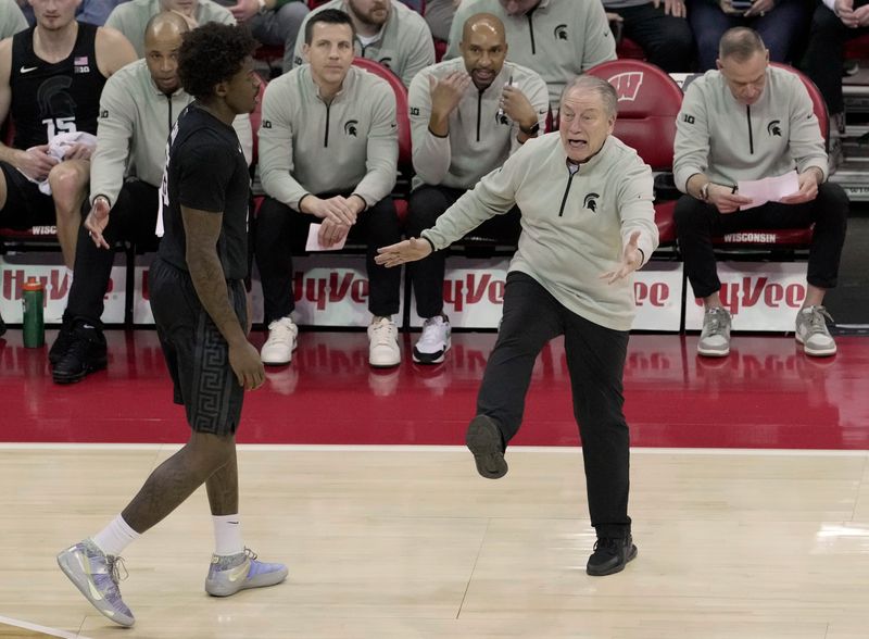 Michigan State head coach Tom Izzo argues a call during the first half of their game against Wisconsin Friday, February 13, 2026 at the Kohler Center in Madison, Wisconsin.
