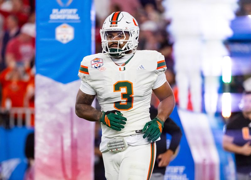 Jan 8, 2026; Glendale, AZ, USA; Miami Hurricanes defensive lineman Akheem Mesidor (3) against the Mississippi Rebels during the 2026 Fiesta Bowl and semifinal game of the College Football Playoff at State Farm Stadium. Mandatory Credit: Mark J. Rebilas-Imagn Images