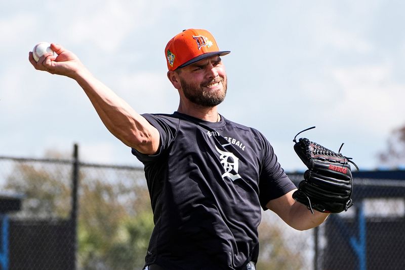 Detroit Tigers pitcher Tanner Rainey practices during spring training at TigerTown in Lakeland, Fla. on Saturday, Feb. 14, 2026.