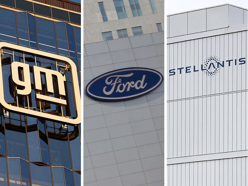 General Motors, Ford and Stellantis logos.