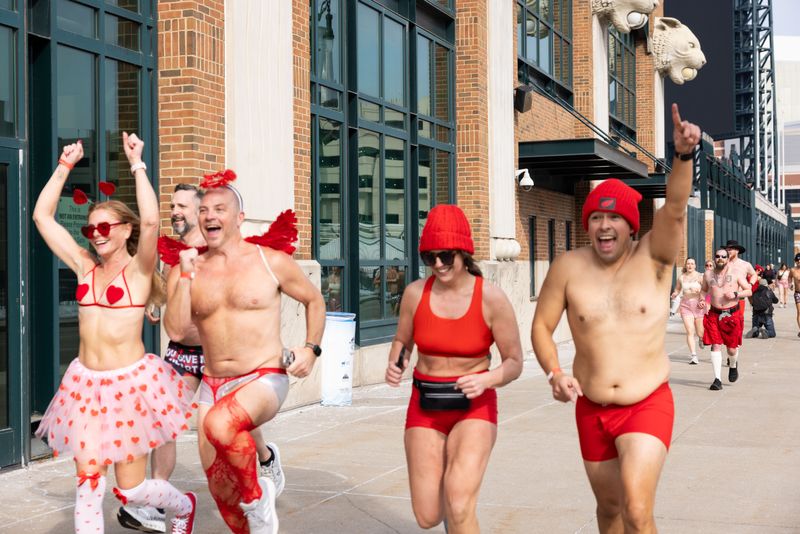 Charity runners participate in Cupid’s Undie Run, in Detroit, Michigan on Saturday February 14, 2026. The event was held at Tin Roof in Downtown Detroit. The race is about one mile and goes around Comerica Park.