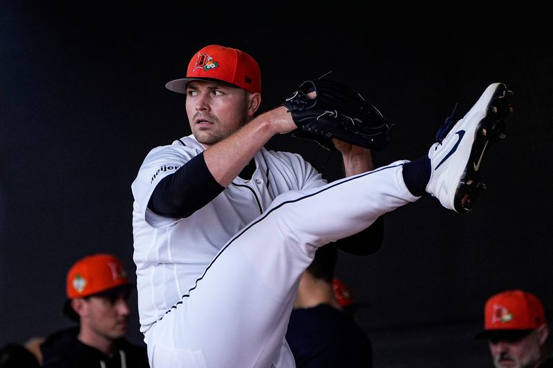 Detroit Tigers pitcher Tarik Skubal practices during spring training at TigerTown in Lakeland, Fla. on Sunday, Feb. 15, 2026.