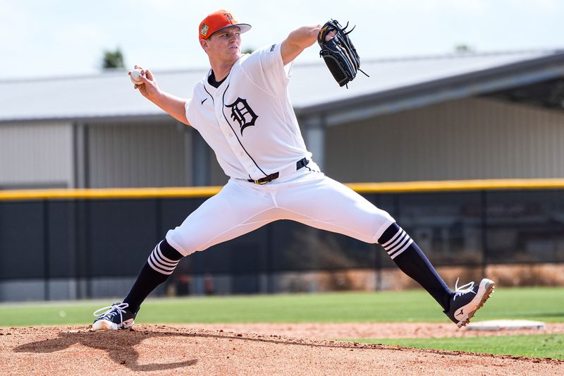 Detroit Tigers pitcher Troy Melton throws at live batting practice during spring training at TigerTown in Lakeland, Fla. on Sunday, Feb. 15, 2026.