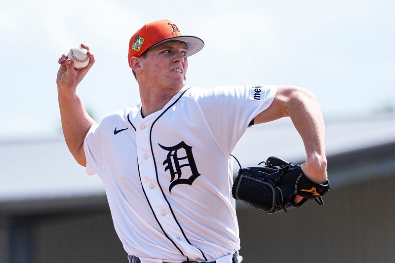 Detroit Tigers pitcher Troy Melton throws at live batting practice during spring training at TigerTown in Lakeland, Fla. on Sunday, Feb. 15, 2026.