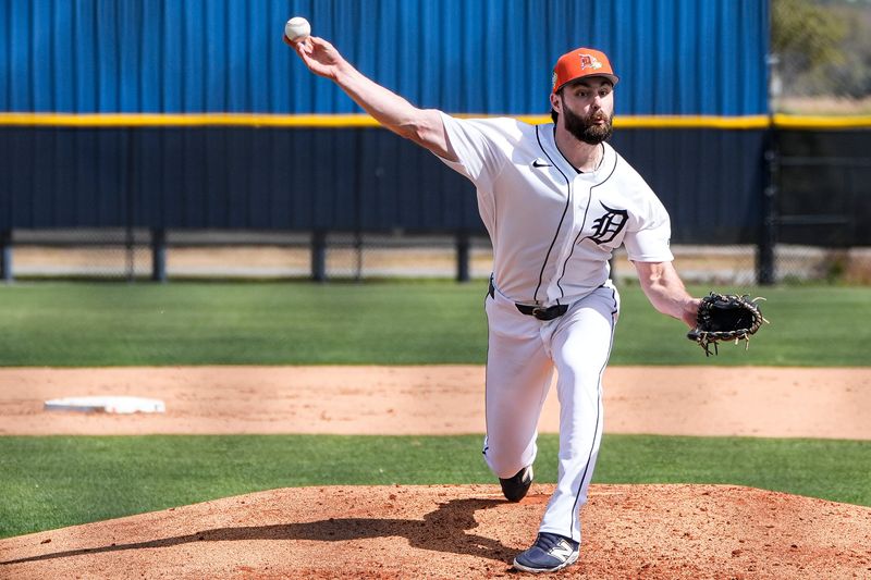 Detroit Tigers pitcher Brenan Hanifee throws at live batting practice during spring training at TigerTown in Lakeland, Fla. on Sunday, Feb. 15, 2026.