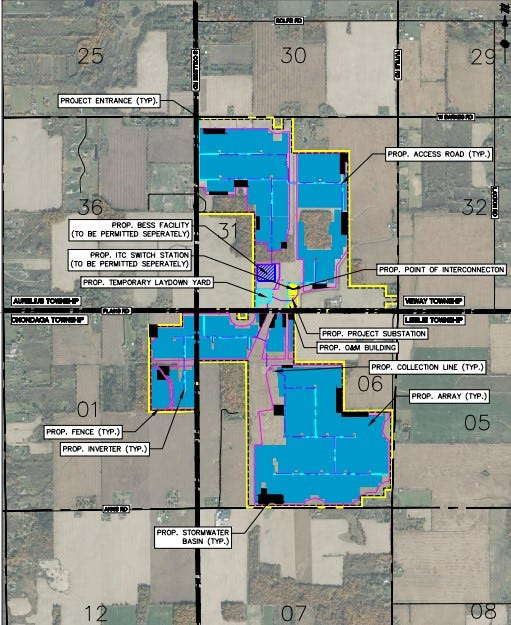 A map of the proposed solar farm that would include parcels in Leslie, Vevay and Onondaga townships.
