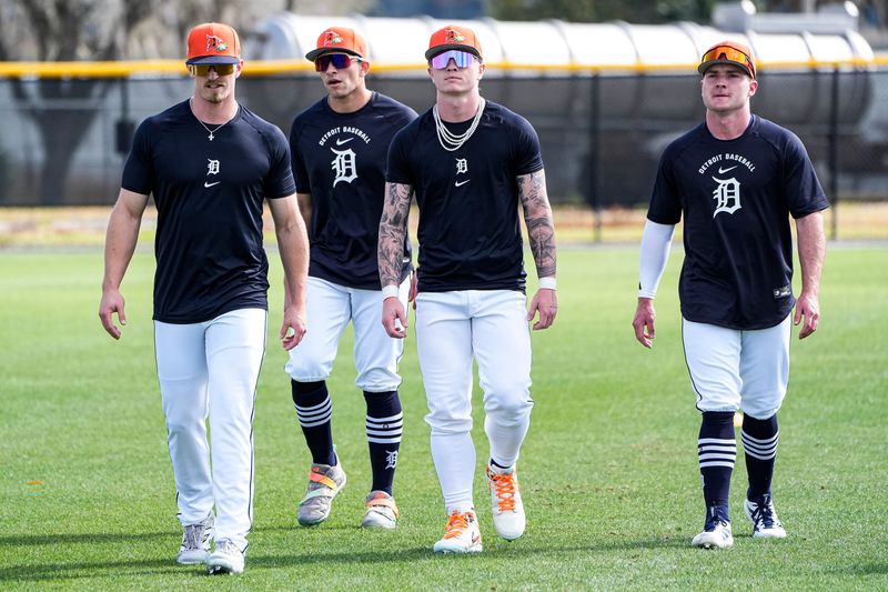 Detroit Tigers outfielder Max Clark, left, and infielder Kevin McGonigle during spring training at TigerTown in Lakeland, Fla. on Monday, Feb. 16, 2026.