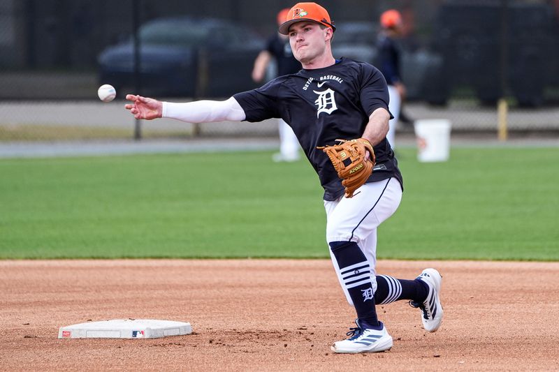 Detroit Tigers infielder Kevin McGonigle practices during spring training at TigerTown in Lakeland, Fla. on Monday, Feb. 16, 2026.