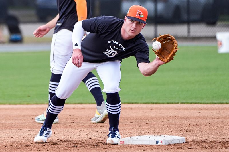 Detroit Tigers infielder Kevin McGonigle practices during spring training at TigerTown in Lakeland, Fla. on Monday, Feb. 16, 2026.