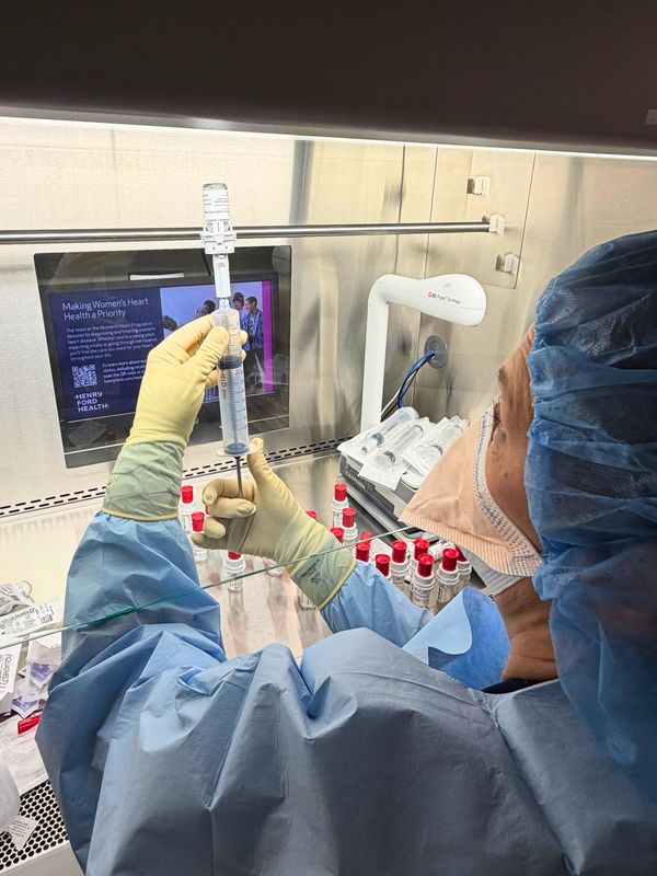 Jennifer Yuells, pharmacy technician supervisor for Oncology and Infusion Services at Henry Ford Health, draws up Roctavian into a syringe for administration to a patient Jan. 15, 2026 at the Infusion and Chemotherapy Treatment Center at Henry Ford Cancer – Detroit.
