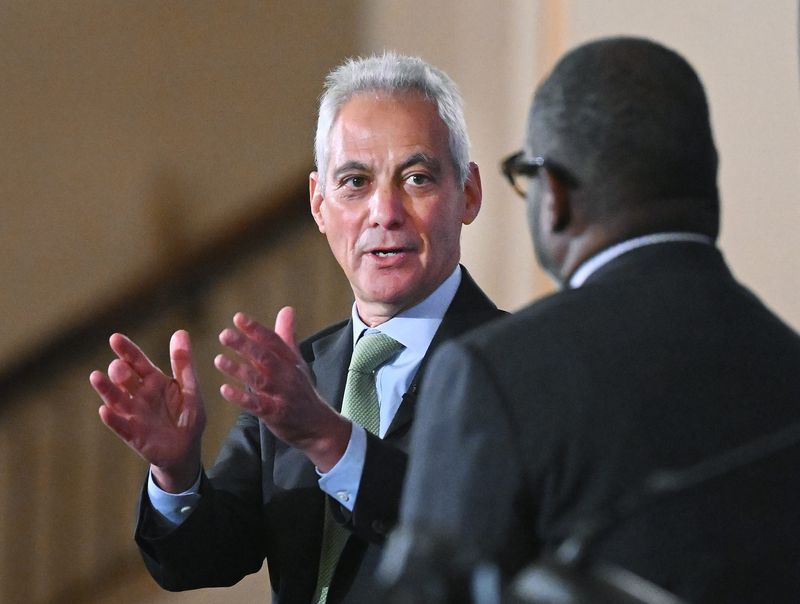 Rahm Emanuel, the former Chicago mayor, congressman, Japan ambassador and Obama chief of staff, speaks before the Detroit Economic Club at Masonic Temple with moderator Stephen Henderson of BridgeDetroit on Tuesday, Feb. 17, 2026. Emanuel is exploring a possible run for president in 2028.