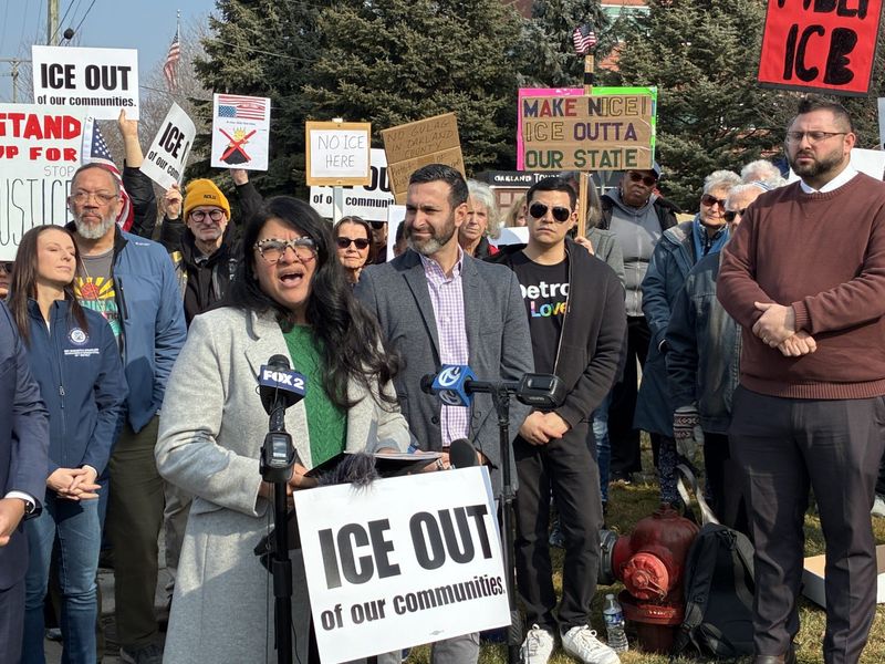 U.S. Congresswoman Rashida Tlaib, D-Detroit, speaks at a protest near One Towne Square against Immigration and Customs Enforcement using an office at the address.
