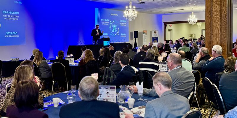 Attendees listen as the EDA of St. Clair County shares its 2025 investment results during a semiannual luncheon on Feb. 17, 2026, in Marysville.