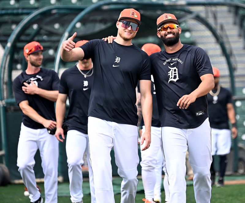 From left, Tigers outfielders Parker Meadows and Riley Greene smile for a photo during the full-squad workout at Tigers spring training Tuesday, Feb. 17, 2026, in Lakeland, Florida.