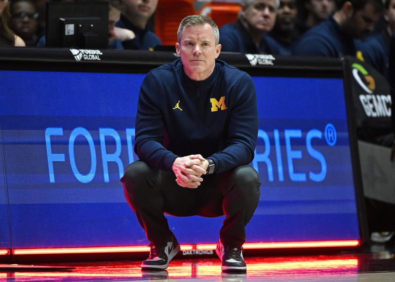 Michigan Wolverines head coach Dusty May watches the game action during the first half against the Purdue Boilermakers at Mackey Arena in West Lafayette, Indiana, on Tuesday, Feb. 17, 2026.