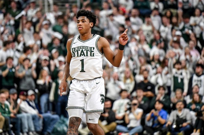 Michigan State's Jeremy Fears Jr. celebrates after a score against UCLA during the first half on Tuesday, Feb. 17, 2026, at the Breslin Center in East Lansing.