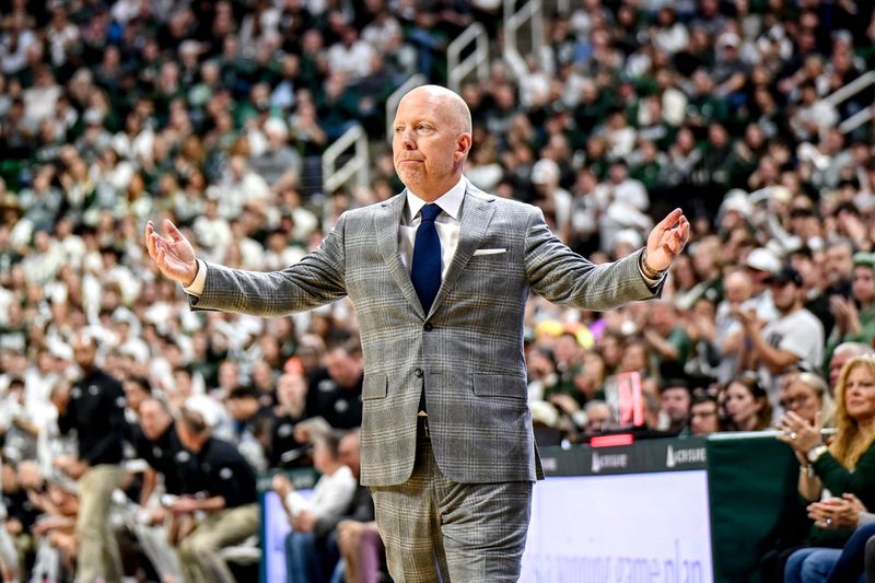 UCLA's head coach Mick Cronin reacts during the first half against Michigan State on Tuesday, Feb. 17, 2026, at the Breslin Center in East Lansing.