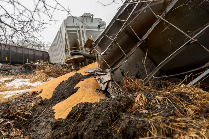 Train cars lie scattered on tracks after a derailment occurred early in the morning in Pittsfield Twp., near Marton Road, February 18, 2026.