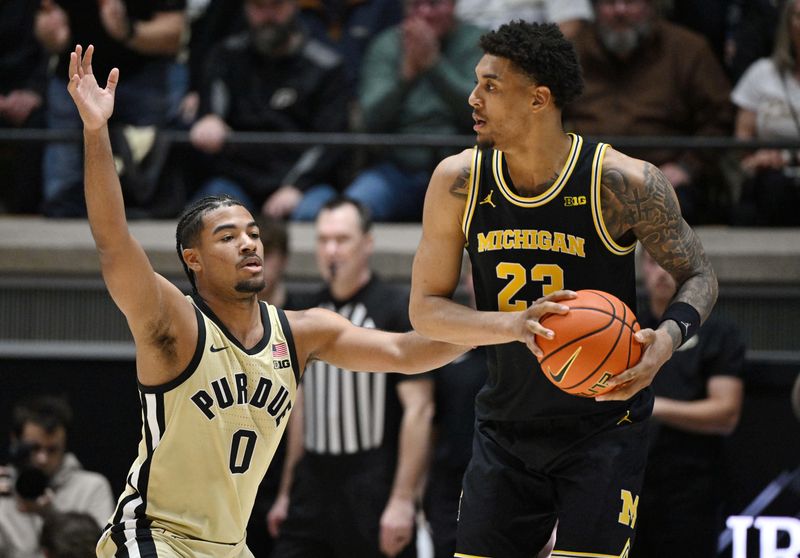 Feb 17, 2026; West Lafayette, Indiana, USA; Purdue Boilermakers guard C.j Cox (0) defends against Michigan Wolverines forward Yaxel Lendeborg (23) during the second half at Mackey Arena. Mandatory Credit: Marc Lebryk-Imagn Images