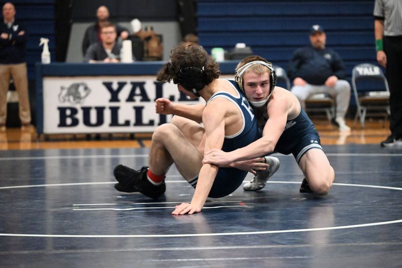 Yale's Mackey McClelland (right) wrestles Richmond's Matthaus Schade during a Division 3 regional final at Yale Junior High School on Wednesday, Feb. 18.