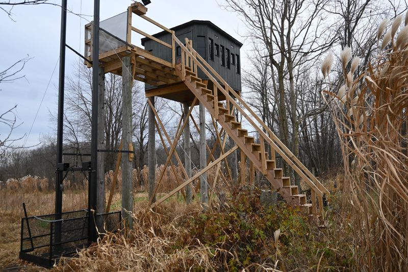 Ervin Schmucker built this 18-foot hunting blind with an elevator on his Boone Road property.
