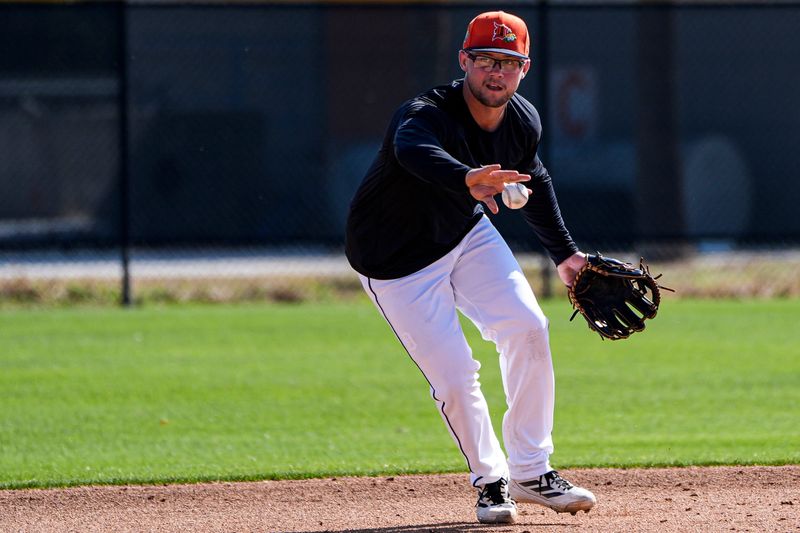 Detroit Tigers infielder Max Anderson practices during spring training at TigerTown in Lakeland, Fla. on Thursday, Feb. 19, 2026.
