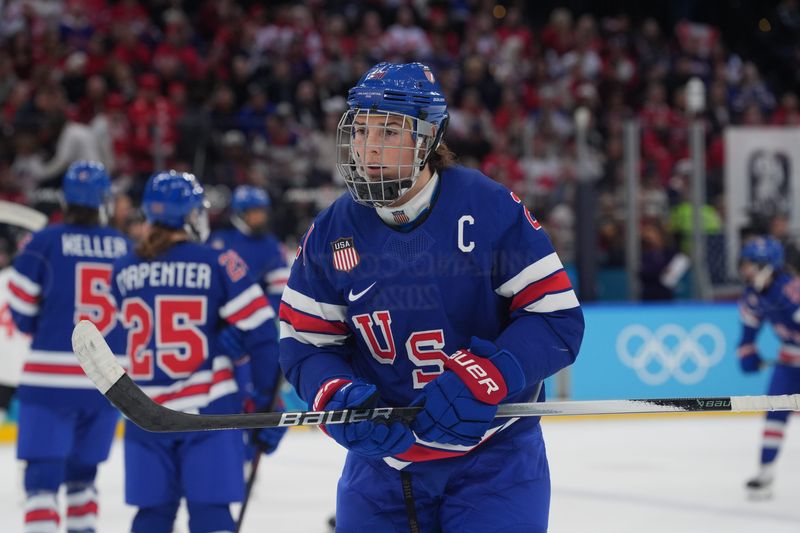 Hilary Knight (21) of the United States on the ice in the women's ice hockey gold medal game against Canada during the Milano Cortina 2026 Olympic Winter Games at Milano Santagiulia Ice Hockey Arena in Milan on Thursday, Feb. 19, 2026.