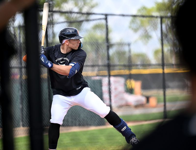 Tigers outfielder Trei Cruz takes live batting practice during the full squad workout at Tigers spring training in Lakeland, Fla. on Feb. 19, 2026.