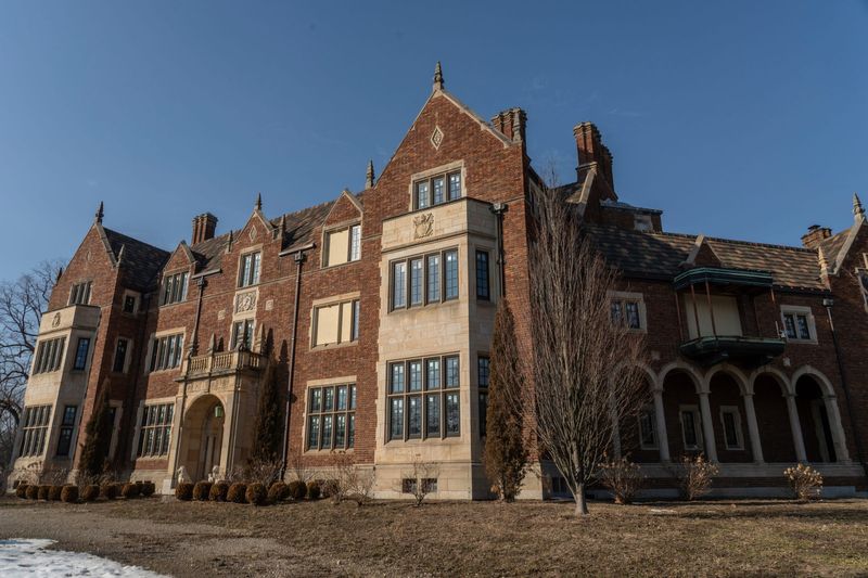 A view of the front of the Bishop Mansion, the largest private residence in Detroit at 35,029 square feet, is seen on Monday, Feb. 16, 2026.
