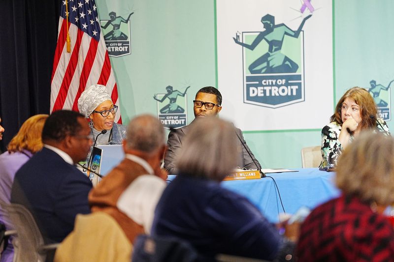 District 7 Commissioner Victoria Camille asks questions about an investigation during the Board of Police Commissioners meeting held at Detroit Public Safety Headquarters in Detroit on Thursday, Feb. 19, 2026.
