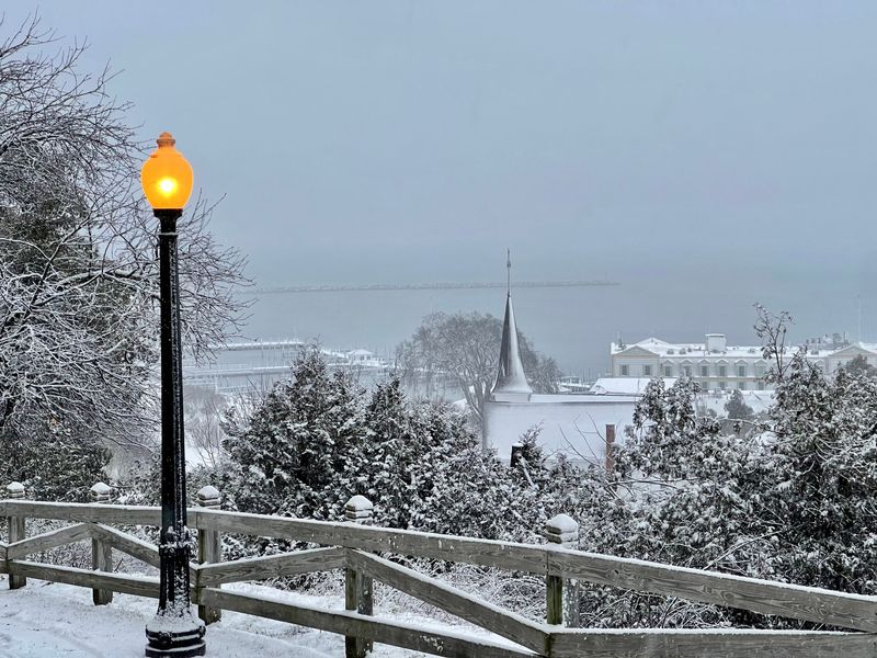A view of downtown Mackinac Island with Haldimand Bay in the background, taken from Fort Street near the governor's summer residence.