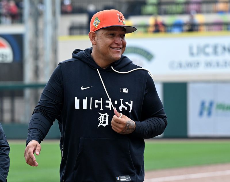 Former Tigers slugger Miguel Cabrera, the team's Latin America operations director, smiles as he walks to the dugout before Sunday's game against the Baltimore Orioles at Joker Marchant Stadium in Lakeland, Florida.