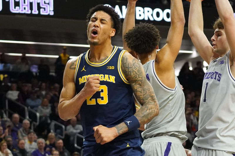 Feb 11, 2026; Evanston, Illinois, USA; Michigan Wolverines forward Yaxel Lendeborg (23) reacts after scoring against the Northwestern Wildcats during the first half at Welsh-Ryan Arena. Mandatory Credit: David Banks-Imagn Images