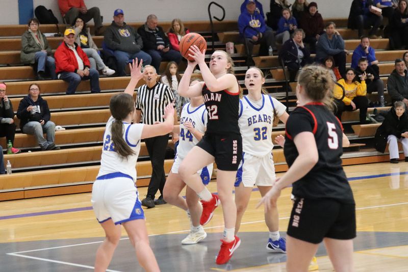 Emily Bladen of Milan drives during a 48-36 victory over Jefferson on Monday, Feb. 23, 2026.