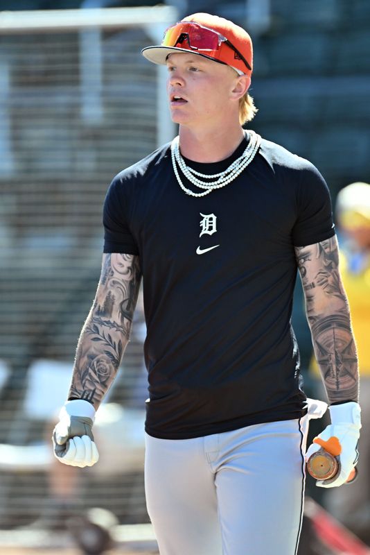 Detroit Tigers left fielder Max Clark exits the batting cage before the game against the Atlanta Braves during spring training at CoolToday Park in North Port, Florida, on Tuesday, Feb. 24, 2026.