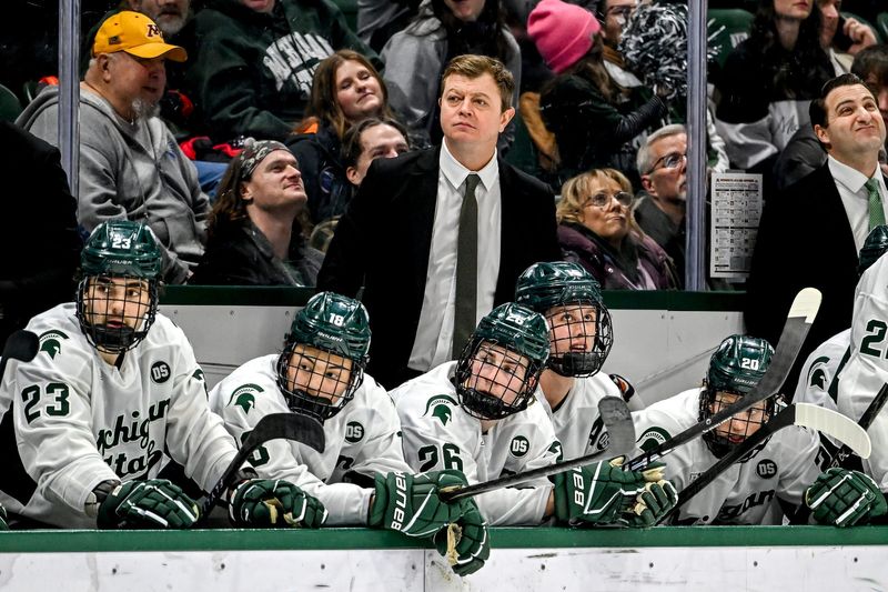 Michigan State's head coach Adam Nightingale looks on against Minnesota during the third period on Friday, Jan. 23, 2026, at Munn Ice Arena in East Lansing.