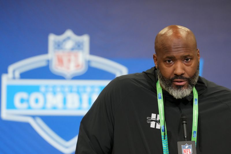 Detroit Lions general manager Brad Holmes speaks at the NFL scouting combine at the Indiana Convention Center in Indianapolis on Feb. 24, 2026.