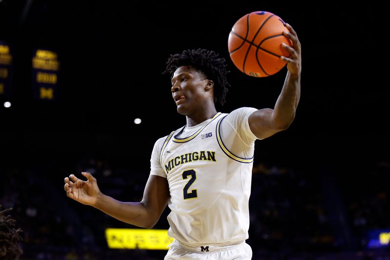 Michigan Wolverines guard L.J. Cason (2) grabs a rebound in the second half against the Minnesota Golden Gophers at Crisler Center in Ann Arbor on Tuesday, Feb. 24, 2026.