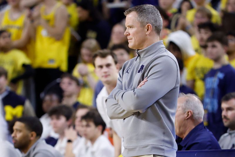 Michigan Wolverines coach Dusty May in the second half against the Minnesota Golden Gophers at Crisler Center in Ann Arbor on Tuesday, Feb. 24, 2026.