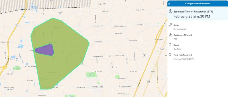 Screenshot of Consumers Energy Outage Map for the Bedford area. The time of outage was reported at 12:28 p.m. on Wednesday, Feb. 25, 2026.