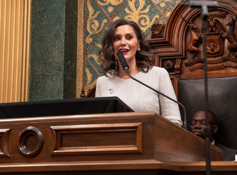 Gov. Gretchen Whitmer speaks during her eighth and final state of the state address at the Michigan Capitol Building in Lansing on Wednesday, February 25, 2026.