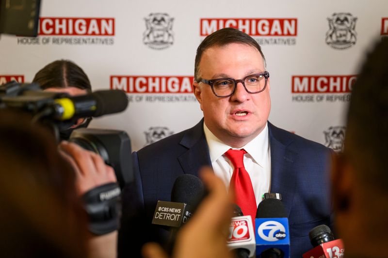 Speaker of the Michigan House of Representatives Matt Hall takes questions from members of the press after Governor Gretchen Whitmer delivered the State of the State address on Wednesday, Feb. 25, 2026 at the Michigan State Capitol in Lansing.