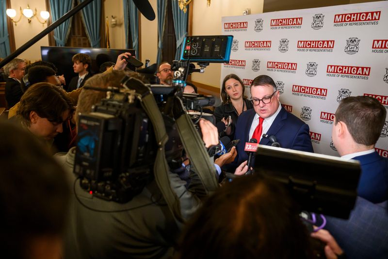 Speaker of the Michigan House of Representatives Matt Hall takes questions from members of the press after Governor Gretchen Whitmer delivered the State of the State address on Wednesday, Feb. 25, 2026 at the Michigan State Capitol in Lansing.