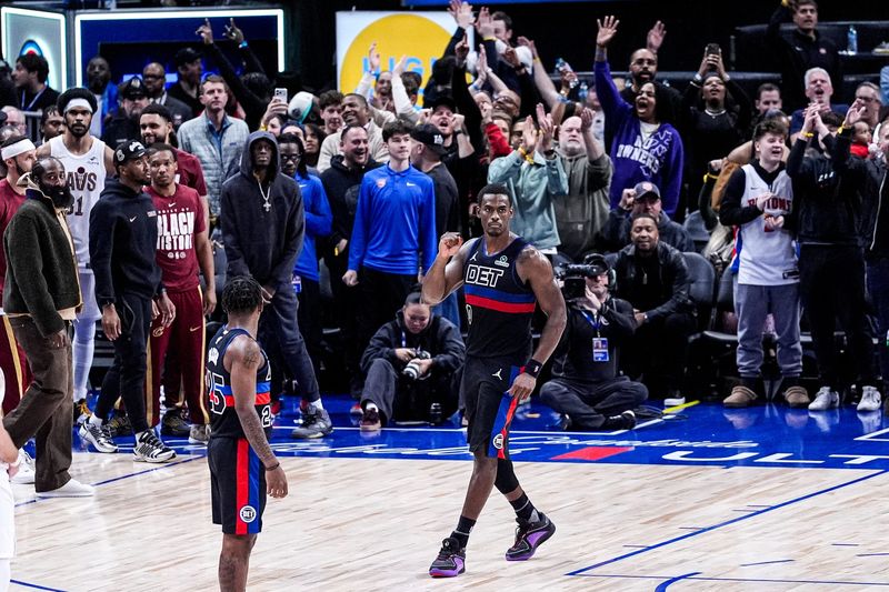 Detroit Pistons center Jalen Duren celebrates the 122-119 win over the Cleveland Cavaliers in overtime at Little Caesars Arena in Detroit on Friday, Feb. 27, 2026.