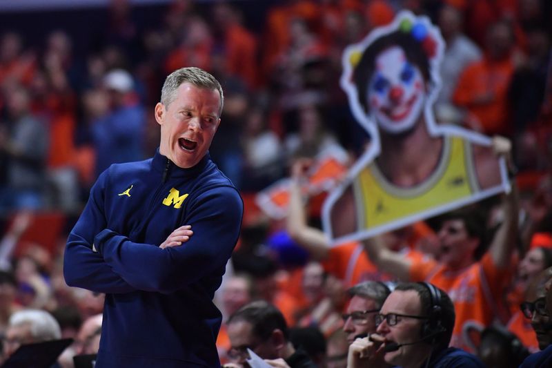 Michigan Wolverines head coach Dusty May reacts during the first half against the Illinois Fighting Illini at State Farm Center on Feb. 27, 2026.