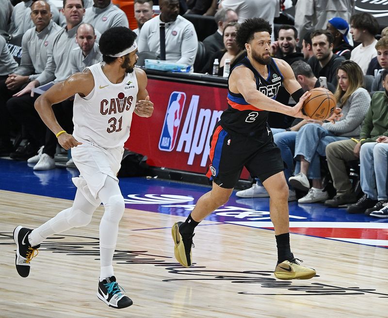Detroit Pistons guard Cade Cunningham (2) passes the ball up court in the first half. Detroit Pistons vs Cleveland Cavaliers at Little Caesars Arena on February 27, 2026, in Detroit, MI.